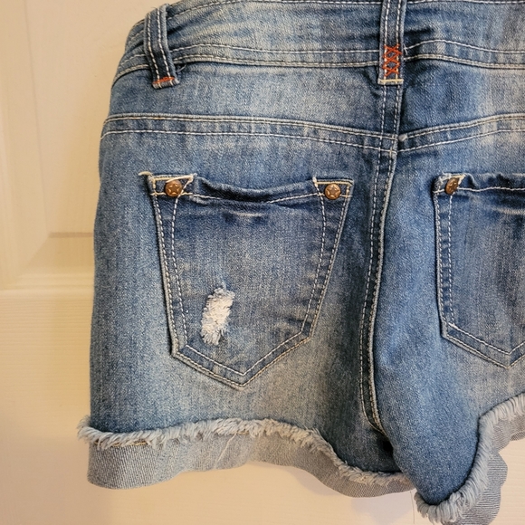 Medium wash denim blue distressed overall romper shortalls overalls Dollhouse XS - Picture 8 of 11